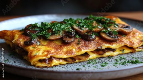 Wallpaper Mural Restaurant mushroom omelet, herbs, plate, dark background, menu Torontodigital.ca