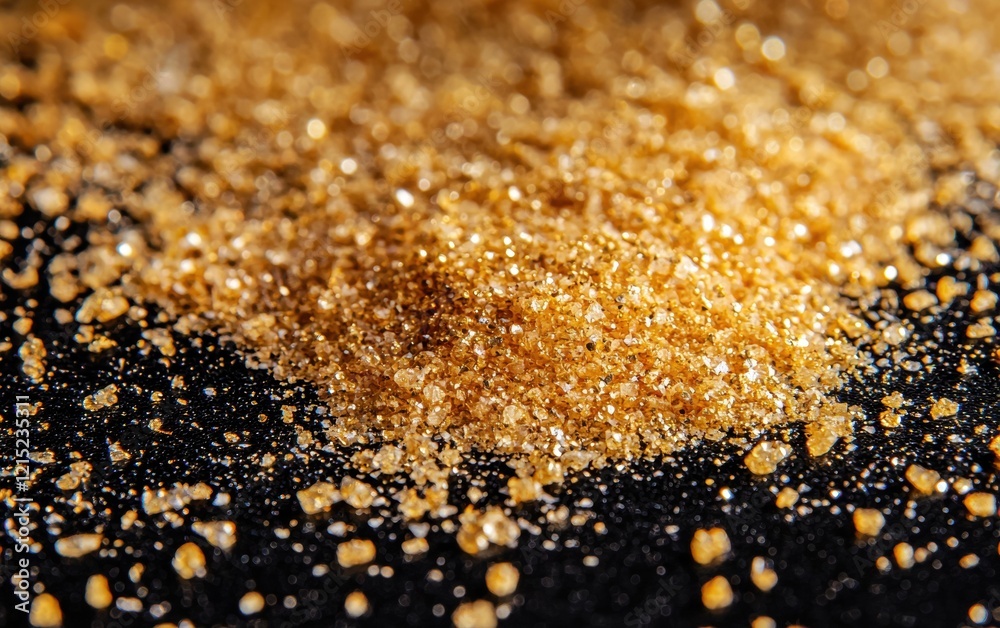 Macro shot of glittering gold dust particles scattered on a black surface Macro shot of glittering gold dust particles scattered on a black surface