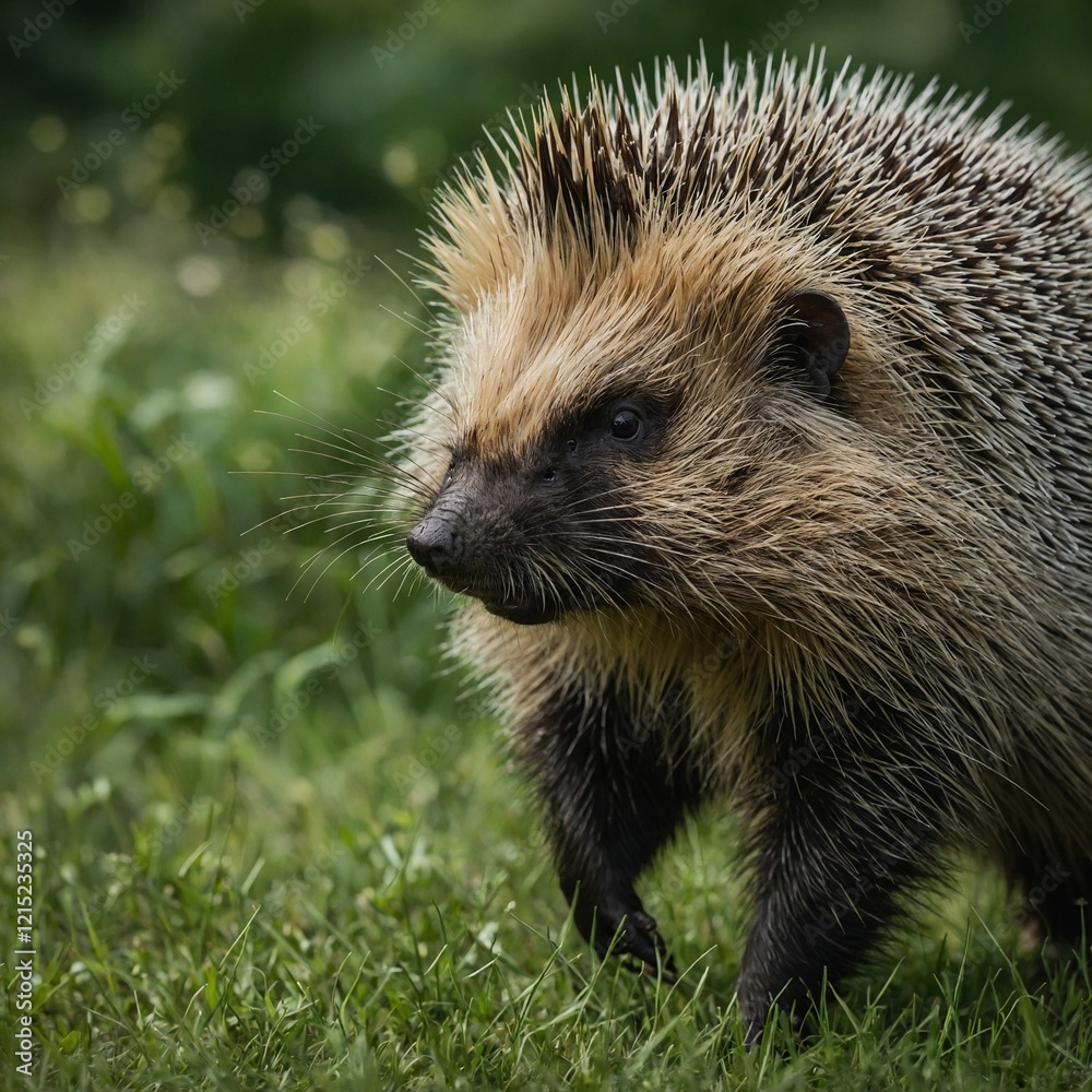 A porcupine slowly walking through a grassy area, with the spines and green blur creating a unique composition. A porcupine slowly walking through a grassy area, with the spines and green blur creating a unique composition.