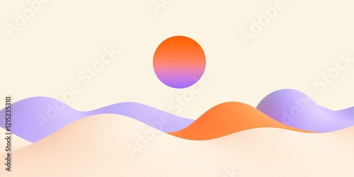 Wallpaper Mural Sunset Over Abstract Hills: A minimalist landscape illustration featuring soft, pastel hills in shades of orange and purple, silhouetted against a large, gradient sunset orb. Torontodigital.ca