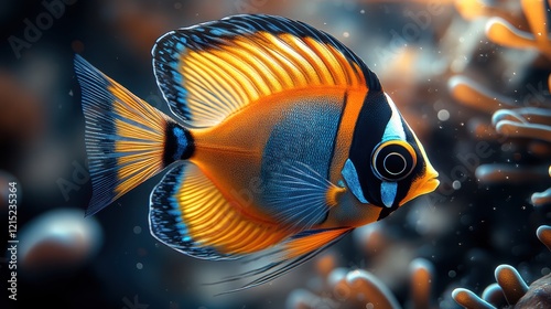 Colorful butterflyfish with black, white, yellow, and orange stripes swims in a coral reef photo