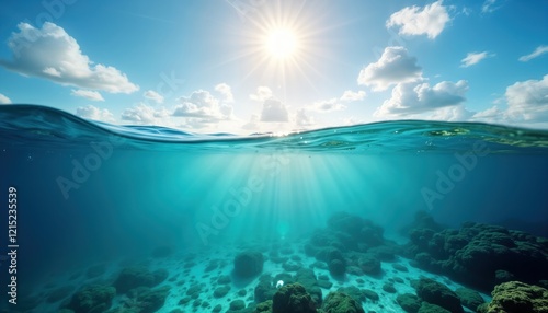 Sunny day tranquil sea surface with sunlight rays penetrating clear turquoise water. Underwater scene shows shallow coral reef with rocks, clear water. Relaxing paradise vacation concept. Tranquil photo