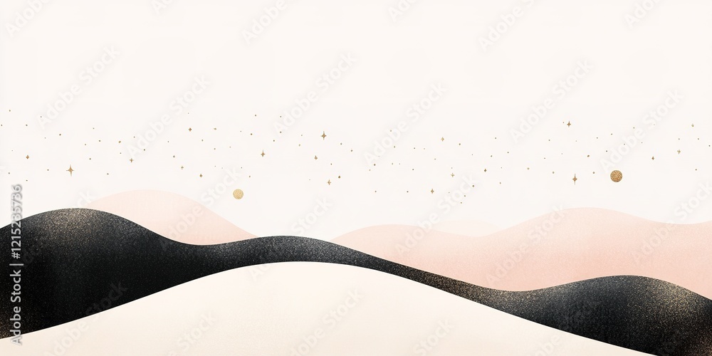 Golden Horizon: A minimalist abstract landscape painted in soft pink and black hues, accented with shimmering gold dots, evokes a sense of tranquility and serenity. Golden Horizon: A minimalist abstract landscape painted in soft pink and black hues, accented with shimmering gold dots, evokes a sense of tranquility and serenity.