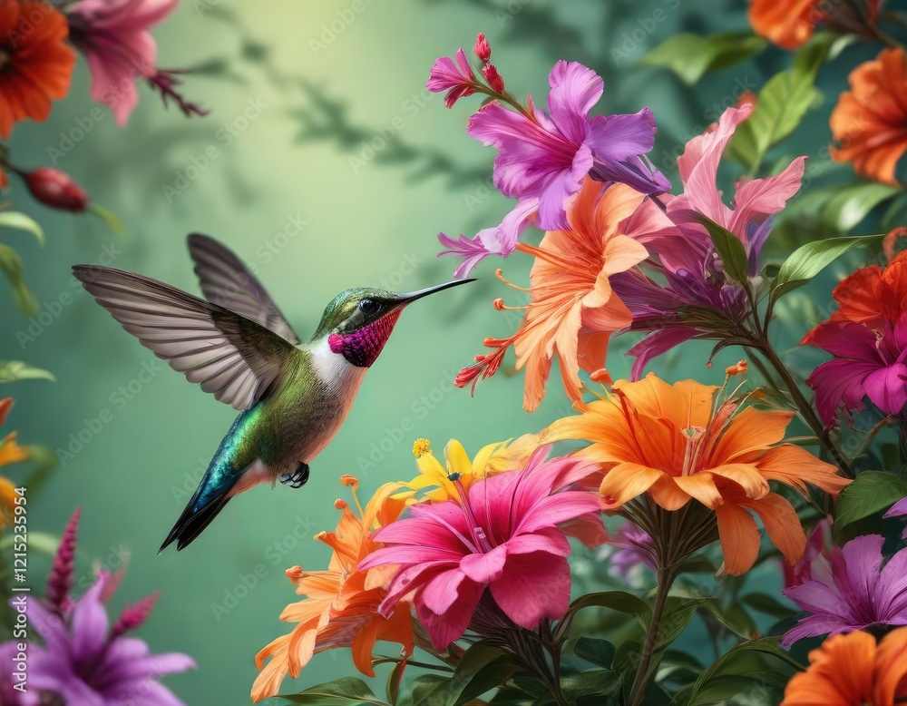 Naklejka premium Colorful flower with a hummingbird sipping nectar in the center , flower, green