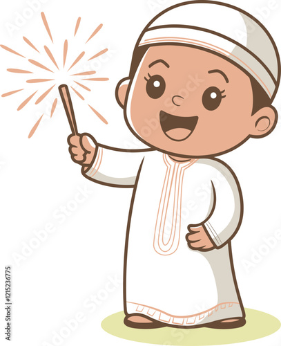 Cheerful Muslim Child with Sparkler, Celebrating a Festive Occasion