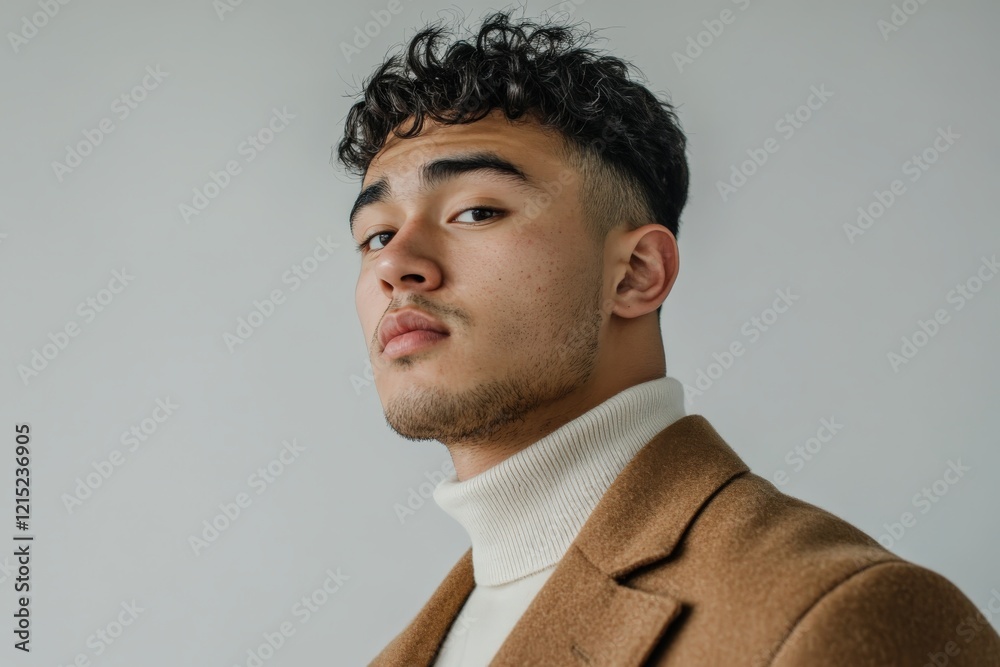 Stylish Young Man in a Brown Coat and Turtleneck Sweater Posing Confidently Stylish Young Man in a Brown Coat and Turtleneck Sweater Posing Confidently