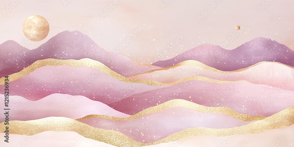Fototapeta premium Dreamy Mountain Landscape: An ethereal landscape of soft pink mountains adorned with sparkling gold accents and ethereal moons, evoking tranquility and wonder.
