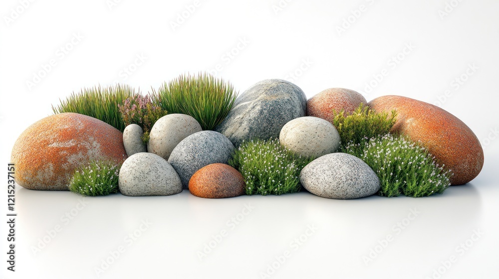 Rocks, plants, studio, white background, zen garden Rocks, plants, studio, white background, zen garden