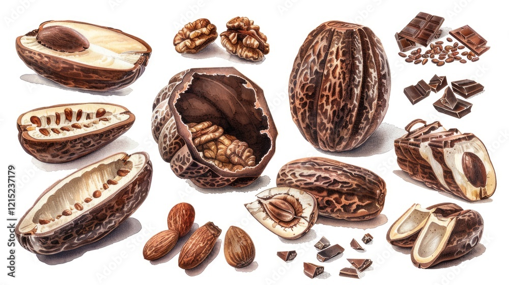 Obraz premium A collection of nuts and chocolate pieces. The nuts are almonds, walnuts, and cashews. Concept of indulgence and abundance, as the variety of nuts
