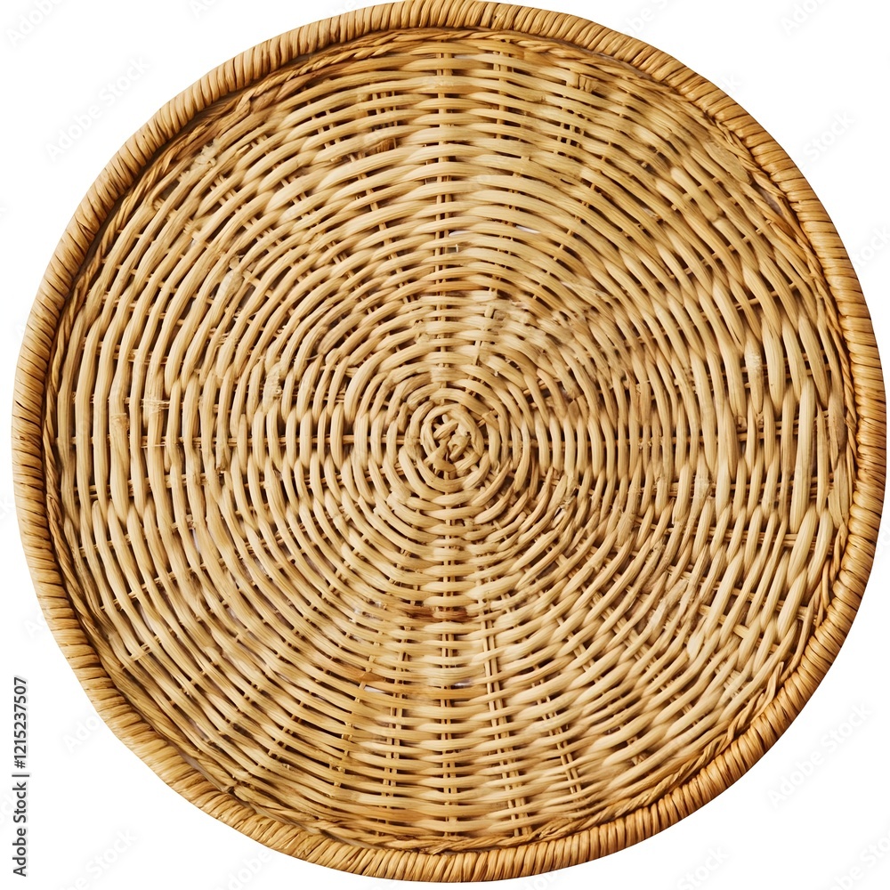 Circular woven basket, top-down view, rattan texture, natural beige color, intricate spiral pattern, handcrafted, rustic, flat surface, wicker placemat, traditional craftsmanship, organic materials Circular woven basket, top-down view, rattan texture, natural beige color, intricate spiral pattern, handcrafted, rustic, flat surface, wicker placemat, traditional craftsmanship, organic materials