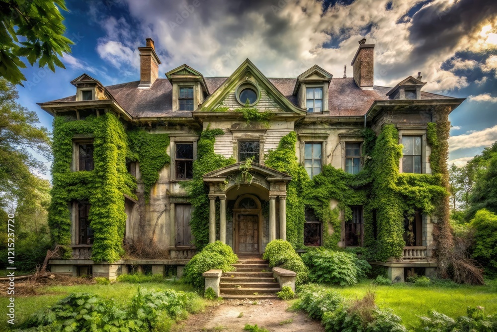 Creepy abandoned mansion with overgrown gardens and creaking doors, cobwebs, abandoned, dark, mysterious, spooky Creepy abandoned mansion with overgrown gardens and creaking doors, cobwebs, abandoned, dark, mysterious, spooky