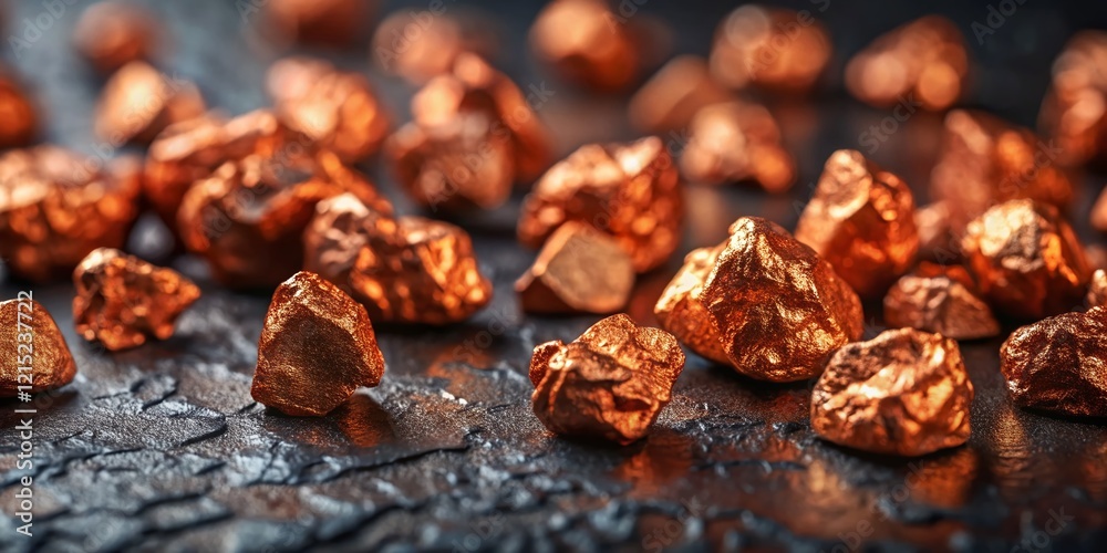 Fototapeta premium Raw Copper Nuggets, Rich Orange Metal Ore, Close-up Texture