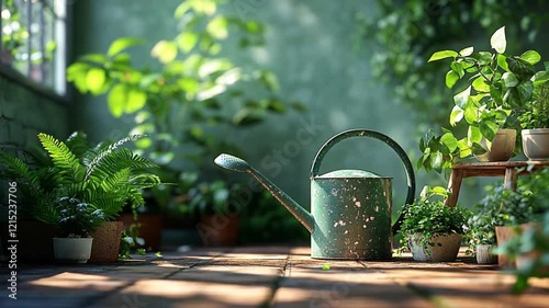 A watering can surrounded by lush greenery in a serene garden setting.