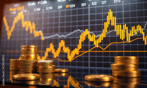 Investing in gold with coins and financial charts showing market trends. image captures essence of wealth management and investment strategies
