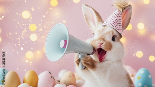 A cheerful bunny wearing a festive party hat and holding a megaphone, surrounded by glowing bokeh lights and pastel Easter eggs. The vibrant and whimsical scene radiates celebration and joy