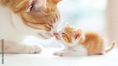 A heartwarming image of a mother cat gently nuzzling her tiny kitten. The soft, warm lighting creates a serene atmosphere, emphasizing the intimate bond between the two. Ideal for themes of animal car photo