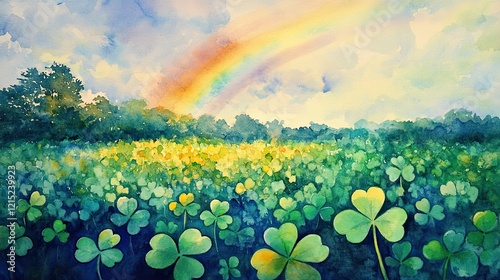 Fototapeta Naklejka Na Ścianę i Meble -  Watercolor Painting of a Rainbow over a Field of Clover