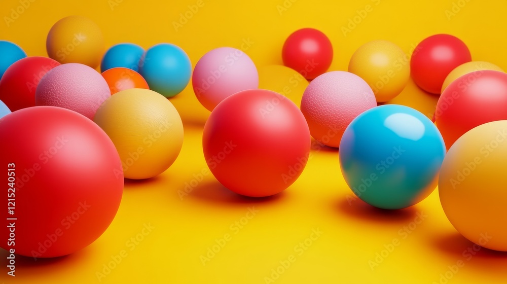 A bunch of colorful balls are scattered on a yellow background A bunch of colorful balls are scattered on a yellow background