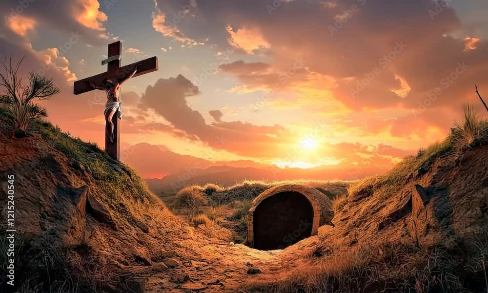 easter religion,jesus christ cross easter resurrection concept christian cross Tomb Empty With Shroud And Crucifixion At Sunrise - Resurrection Of Jesus Christ