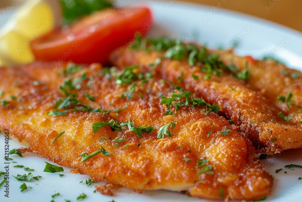 Delicious breaded fish fillets seasoned with fresh parsley are served with lemon and tomato slices