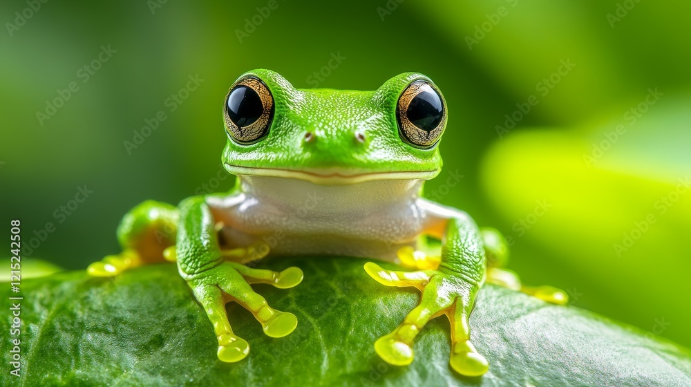Fototapeta premium A green frog is sitting on a leaf