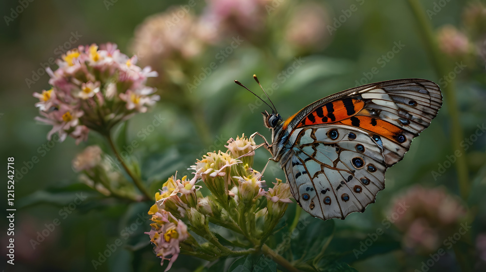 a striking butterfly with vibrant orange and white wings delicately perched on a cluster of small pink flowers a striking butterfly with vibrant orange and white wings delicately perched on a cluster of small pink flowers