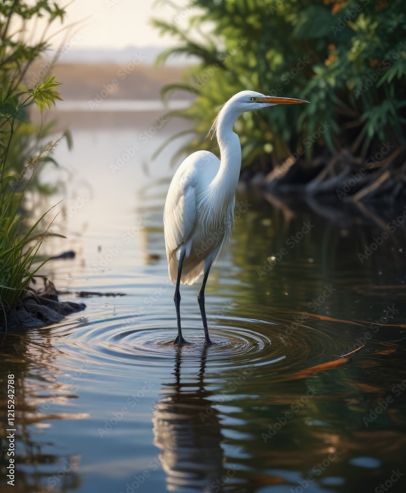 Fototapeta premium Egret wading in shallow water looking for fish, aquatic, shallow water, wetlands
