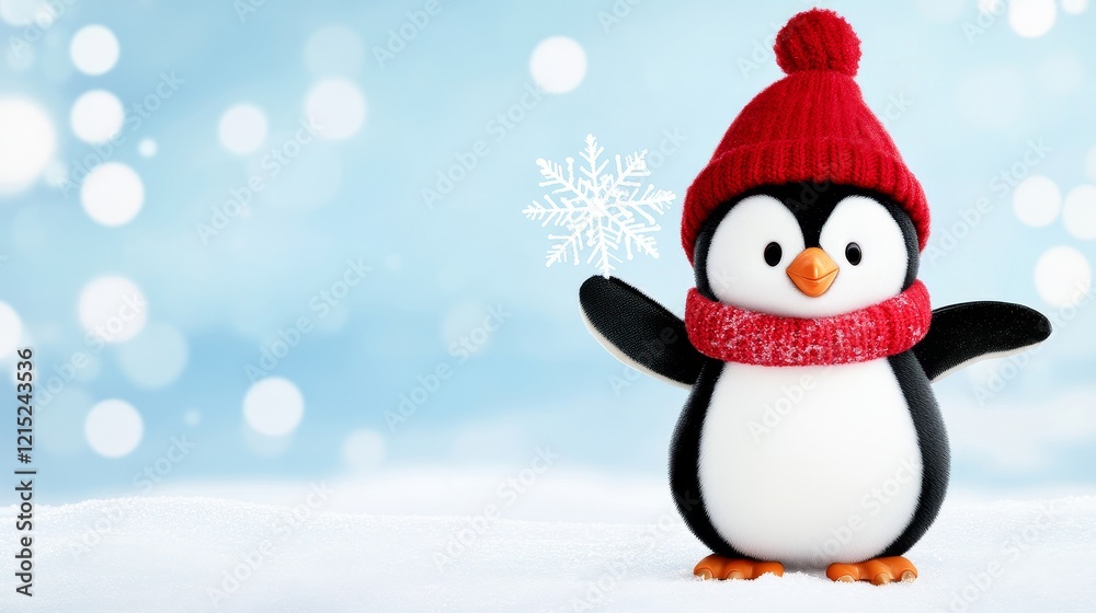 Cute Penguin Winter Wonderland - Adorable penguin in a red winter hat and scarf, holding a snowflake, symbolizes winter joy, festive cheer, holiday spirit, cuteness, and playful innocence. Cute Penguin Winter Wonderland - Adorable penguin in a red winter hat and scarf, holding a snowflake, symbolizes winter joy, festive cheer, holiday spirit, cuteness, and playful innocence.