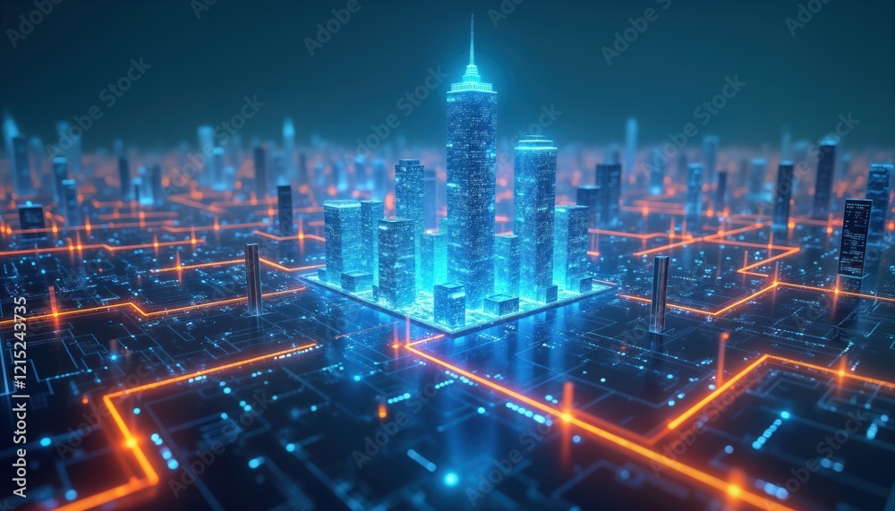 Obraz premium Futuristic city landscape. Glowing blue buildings. Pulsating data streams. Smart urban grid. Network of digital infrastructure. Tech future metropolis. Virtual architecture. High tech design.