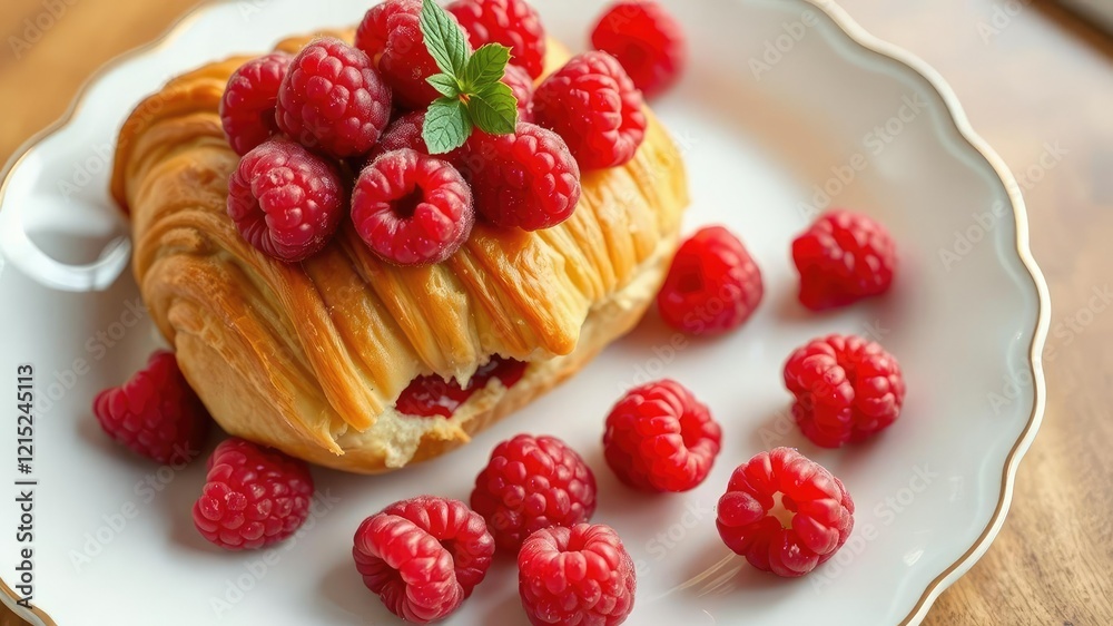 Flaky croissant pastry topped with a generous helping of fresh raspberries, scattered across a delicate porcelain plate, baked goods, croissant pastry, pastries Flaky croissant pastry topped with a generous helping of fresh raspberries, scattered across a delicate porcelain plate, baked goods, croissant pastry, pastries