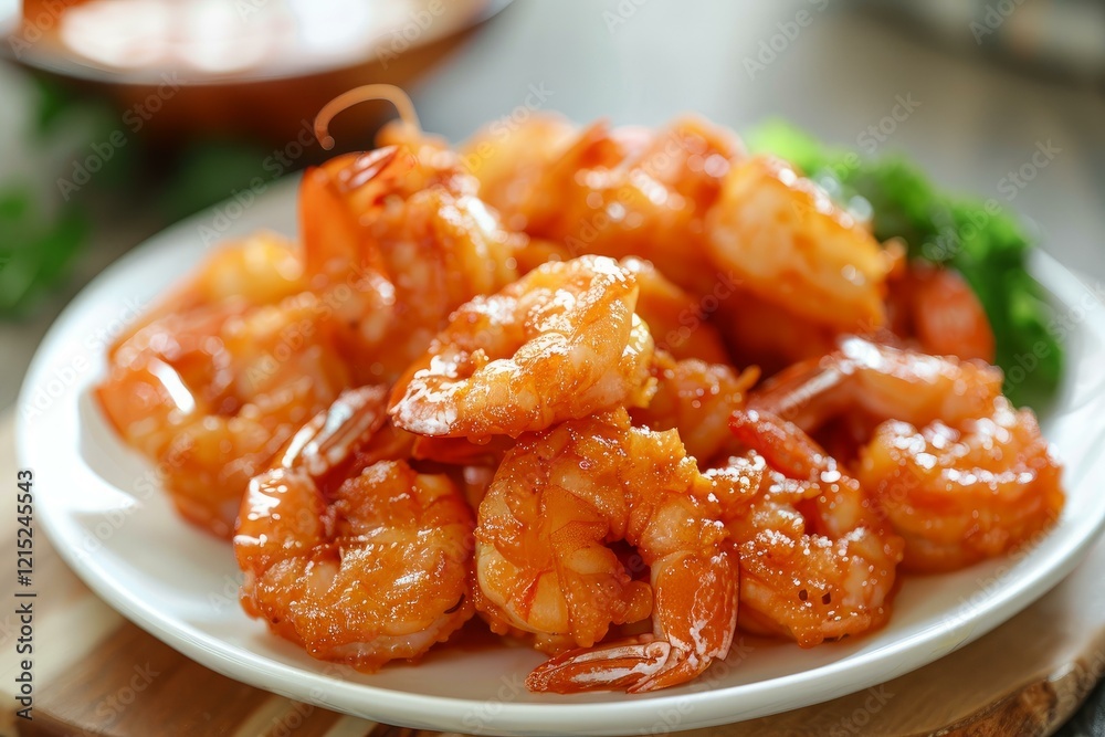 Shrimps are garnished with broccoli and a spicy sauce is in the blurred background Shrimps are garnished with broccoli and a spicy sauce is in the blurred background