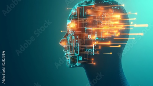 Digital Mind: Circuitry and Consciousness - A close-up of a face interwoven with digital circuitry, symbolizing artificial intelligence, technological advancement, digital consciousness, human-compute
