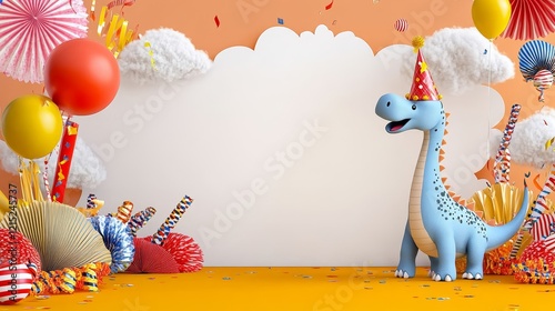 Fototapeta Naklejka Na Ścianę i Meble -  Dinosaur Birthday Party Celebration - Adorable blue dinosaur in a party hat surrounded by balloons, confetti, and party supplies. Perfect for birthday invitations or announcements.