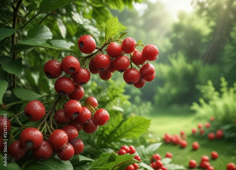 Freshly picked ripe red berries against lush green background, vibrant red, leafy, harvest Freshly picked ripe red berries against lush green background, vibrant red, leafy, harvest