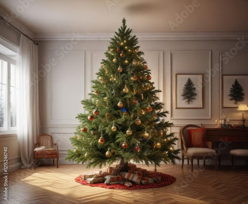 Full spruce Christmas tree in a decorated room, greenery, home decoration, evergreen tree