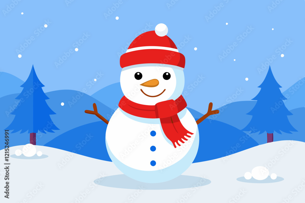 Cute snowman in winter landscape, perfect for holiday designs. Cute snowman in winter landscape, perfect for holiday designs.