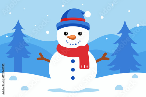 Cute snowman in winter landscape, perfect for holiday designs.