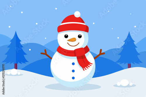 Cute snowman in winter landscape, perfect for holiday designs.