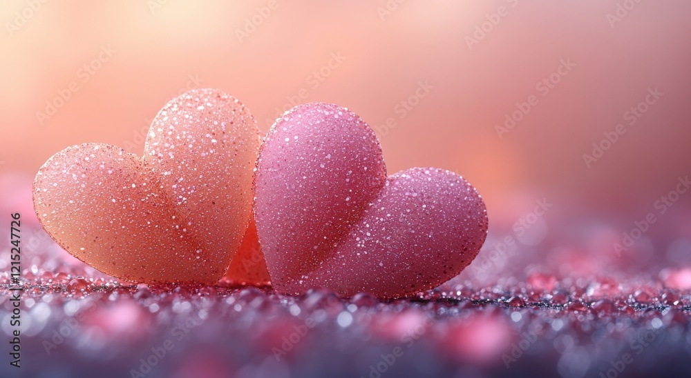 Fototapeta premium Two Glittery Pink Hearts with Water Droplets on Romantic Background