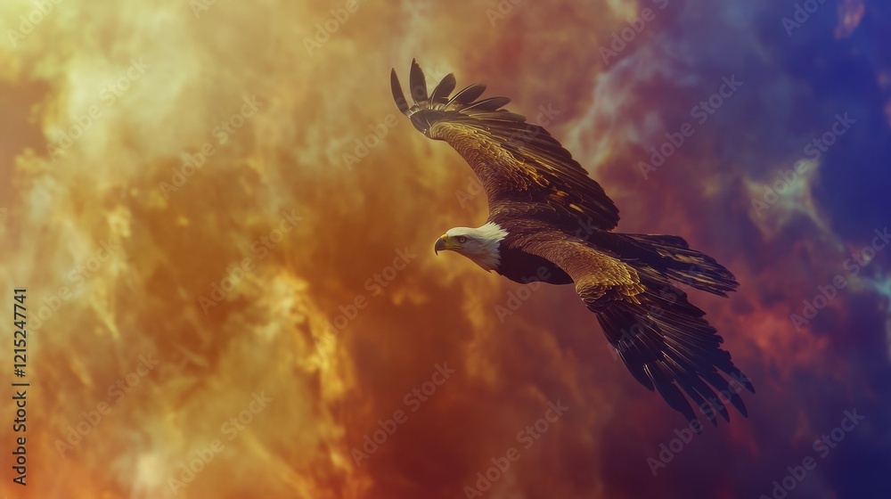 Obraz premium Bald Eagle in Flight with a U.S. Flag Backdrop