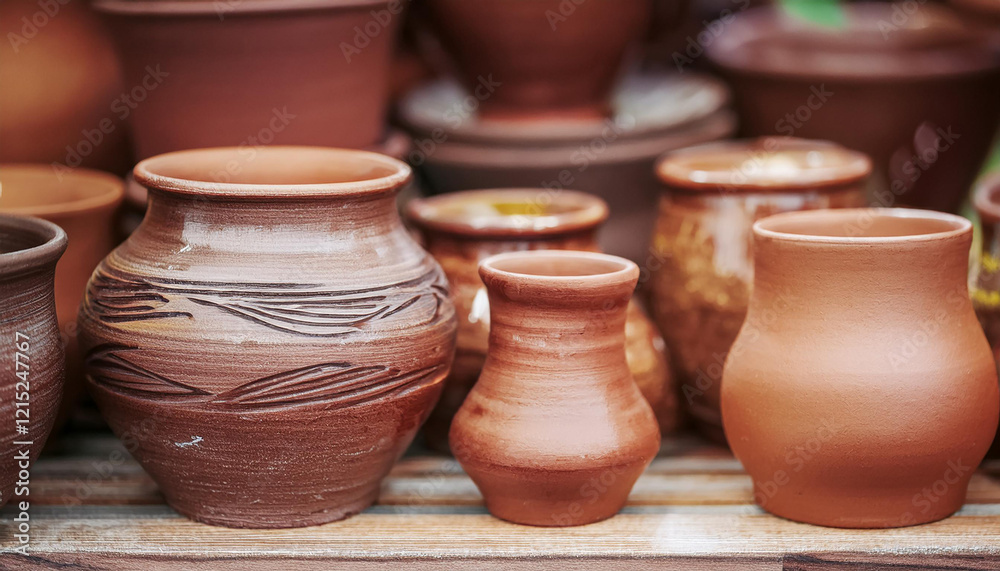 Clay pots in earthy tones. Handmade pottery.