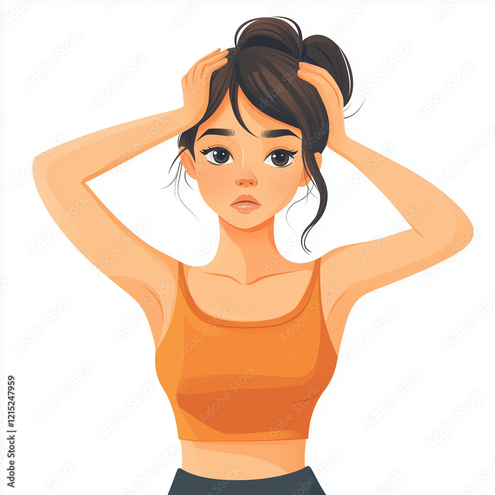Young female having a dizzy symptom and raising her hand to touch her head. Concept of illness, vertigo, headache, dizziness, sickness. Flat vector illustration character about health. Young female having a dizzy symptom and raising her hand to touch her head. Concept of illness, vertigo, headache, dizziness, sickness. Flat vector illustration character about health.