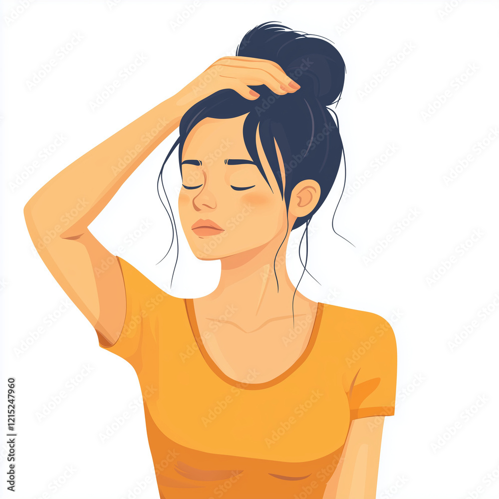 Young female having a dizzy symptom and raising her hand to touch her head. Concept of illness, vertigo, headache, dizziness, sickness. Flat vector illustration character about health. Young female having a dizzy symptom and raising her hand to touch her head. Concept of illness, vertigo, headache, dizziness, sickness. Flat vector illustration character about health.