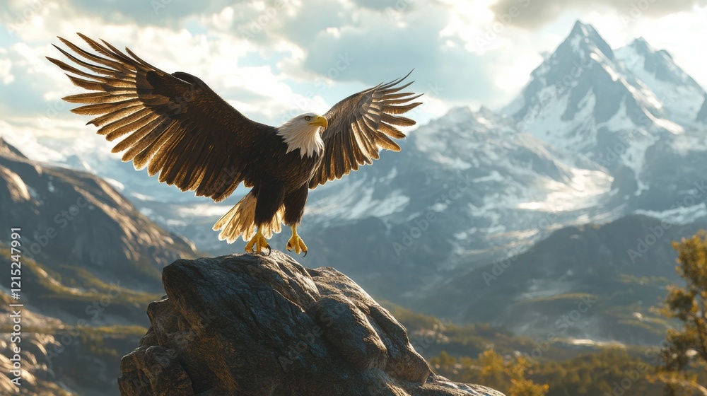 Fototapeta premium Bald Eagle Landing on a Rock with Mountain View