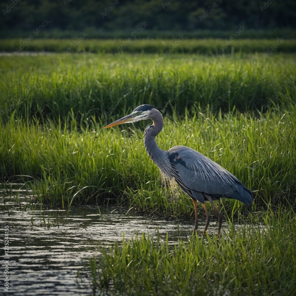 Naklejka premium A heron wading through a grassy marshland, its entire body visible with the green surroundings softly blurred.