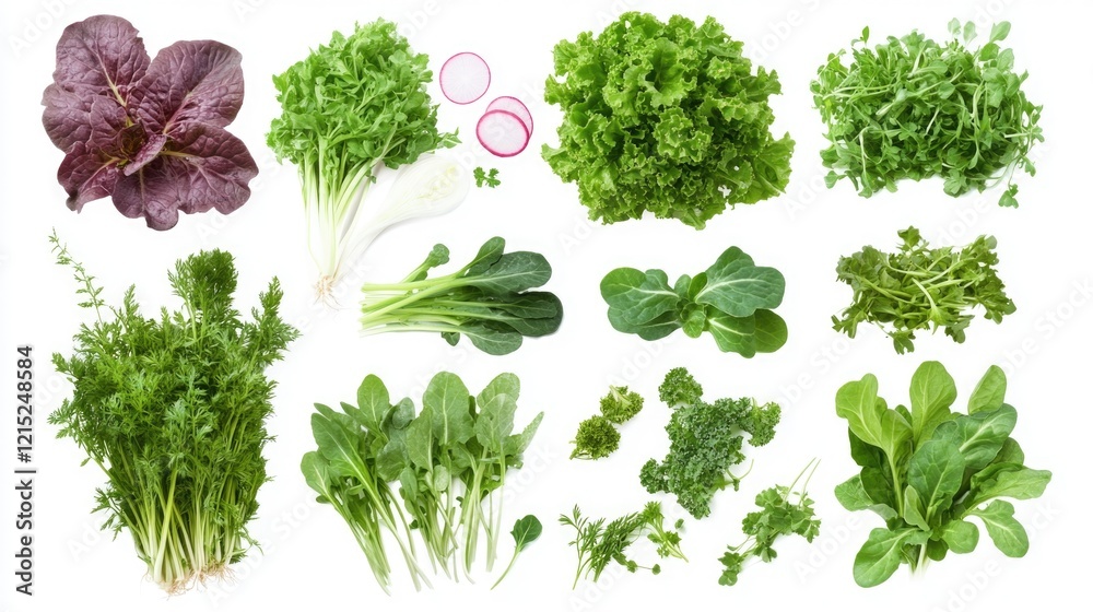 Obraz premium Collection of fresh green leafy vegetables and herbs for healthy meals, including items like kale, arugula, spinach, and more.