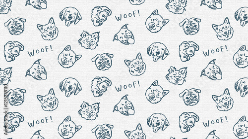 hand drawn dog face line art seamless pattern on white background, vector graphic resources, 16:9 widescreen wallpaper / backdrop