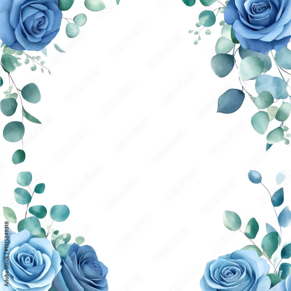 Blue Roses and Eucalyptus Leaves Frame Design