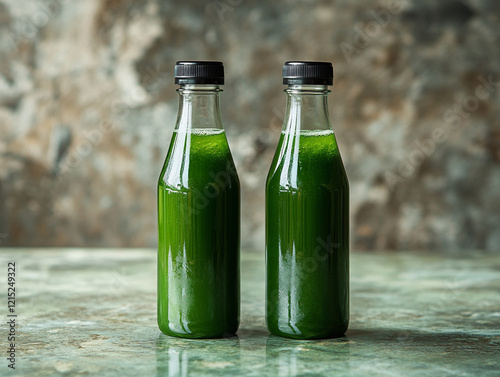 Green juice bottles on a marble countertop