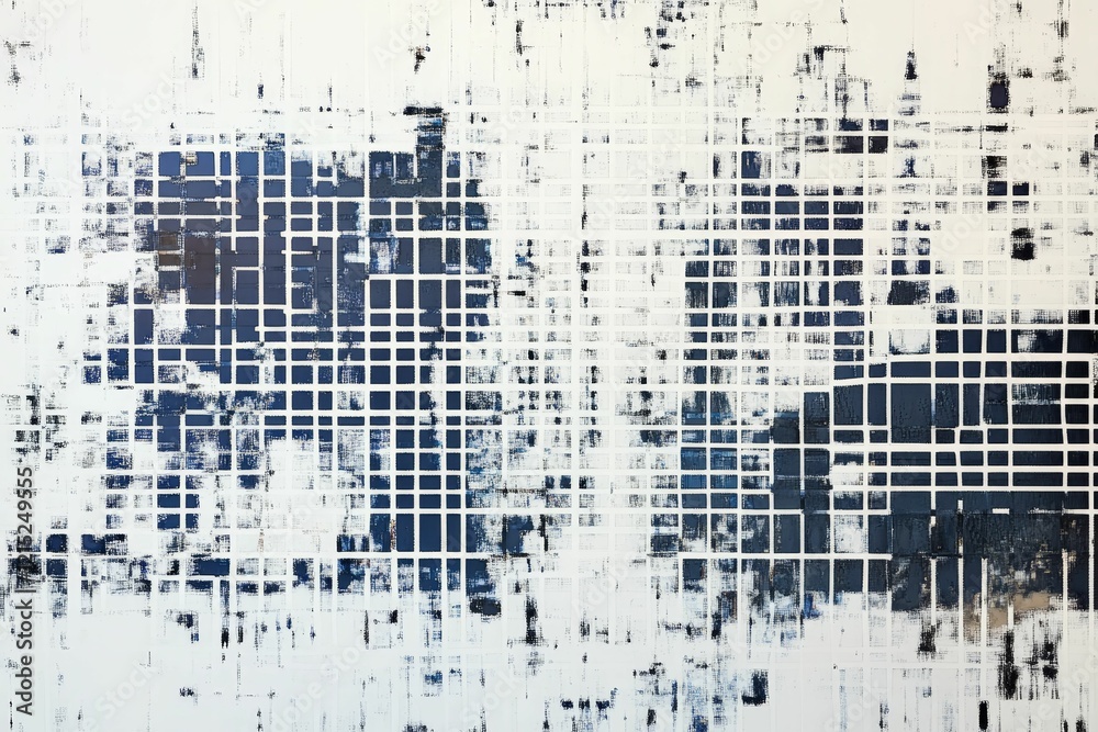 Fototapeta premium Blue and white abstract grid with textual elements.